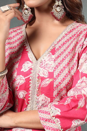 Pink Floral Printed Cotton Anarkali Suit Set