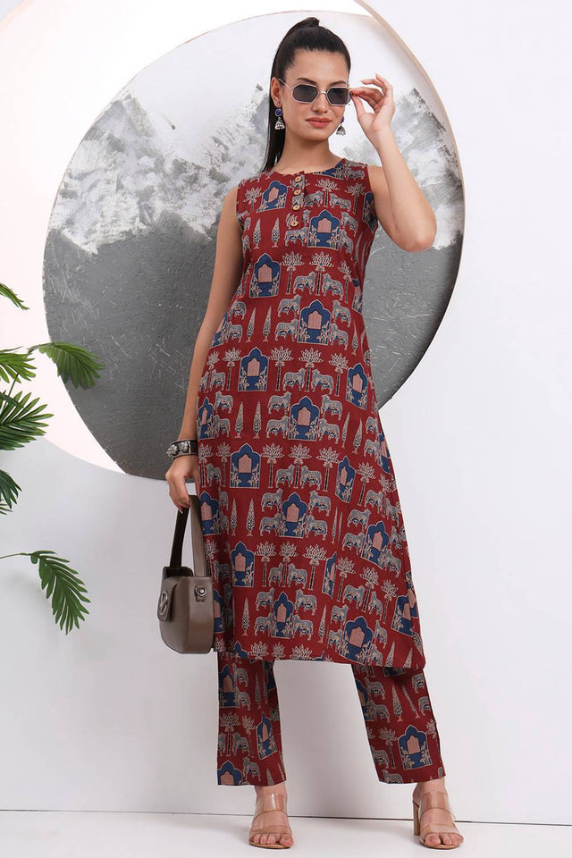 Rust Printed Cotton Straight Cut Suit Set
