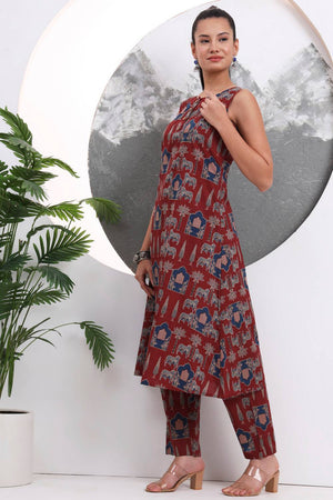 Rust Printed Cotton Straight Cut Suit Set