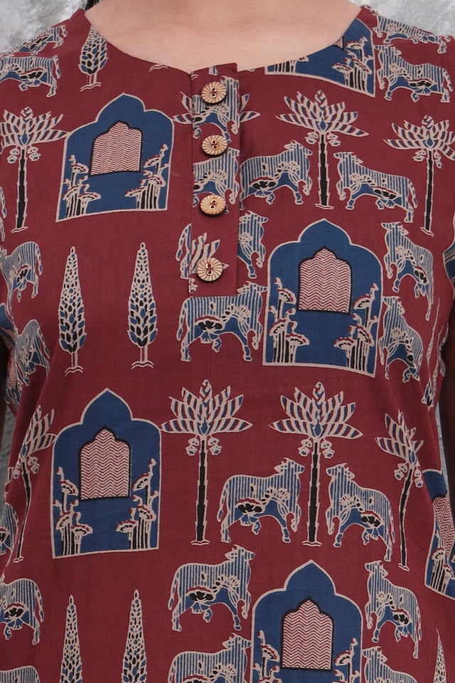 Rust Printed Cotton Straight Cut Suit Set