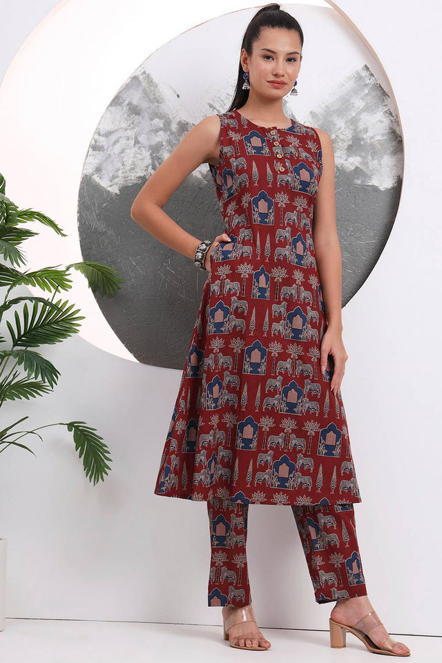 Rust Printed Cotton Straight Cut Suit Set