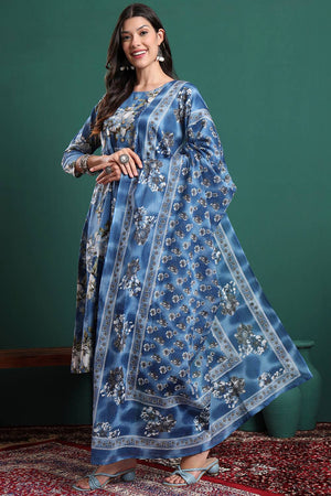 Blue Floral Printed Cotton Straight Cut Suit Set