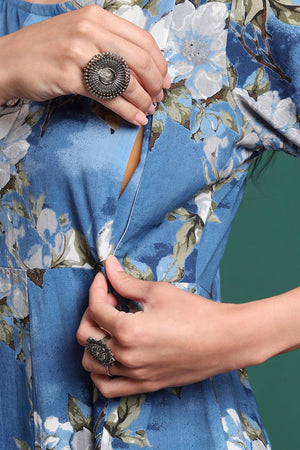 Blue Floral Printed Cotton Straight Cut Suit Set