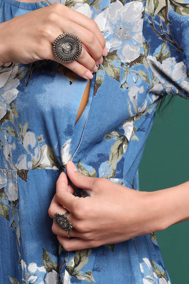 Blue Floral Printed Cotton Straight Cut Suit Set