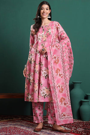 Pink Floral Printed Cotton Straight Cut Suit Set