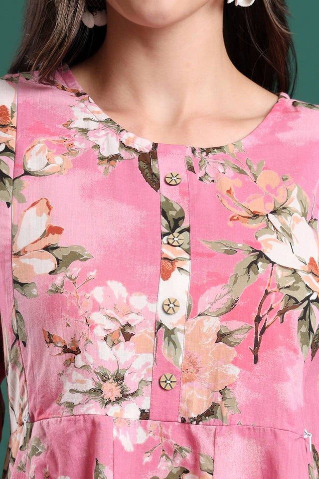 Pink Floral Printed Cotton Straight Cut Suit Set