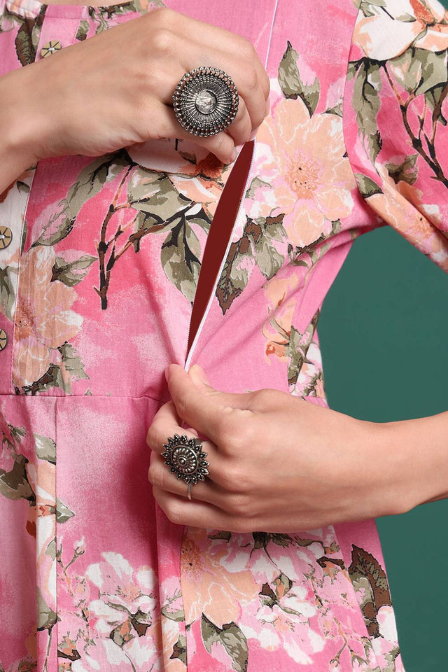 Pink Floral Printed Cotton Straight Cut Suit Set