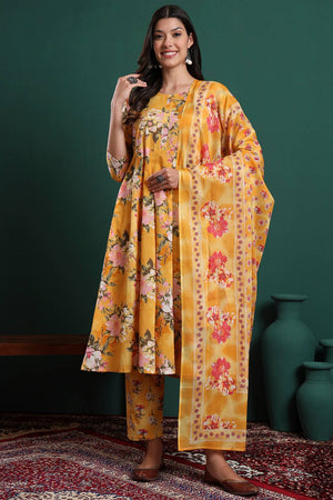 Yellow Floral Printed Cotton Straight Cut Suit Set