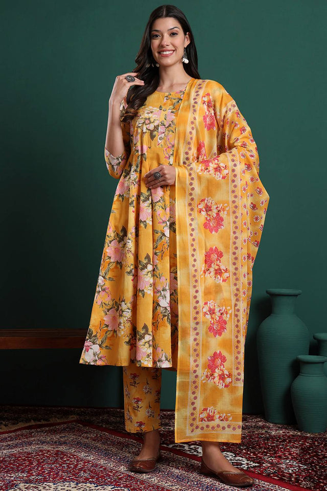 Yellow Floral Printed Cotton Straight Cut Suit Set