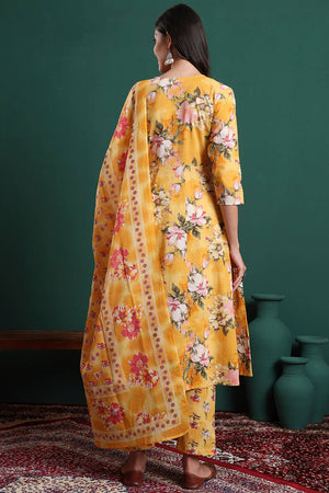 Yellow Floral Printed Cotton Straight Cut Suit Set