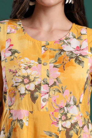 Yellow Floral Printed Cotton Straight Cut Suit Set
