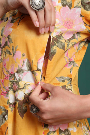 Yellow Floral Printed Cotton Straight Cut Suit Set