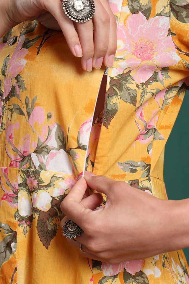 Yellow Floral Printed Cotton Straight Cut Suit Set