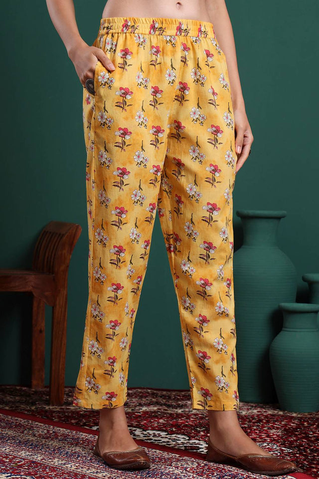 Yellow Floral Printed Cotton Straight Cut Suit Set