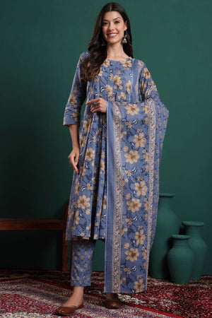 Blue Floral Printed Cotton Straight Cut Suit Set