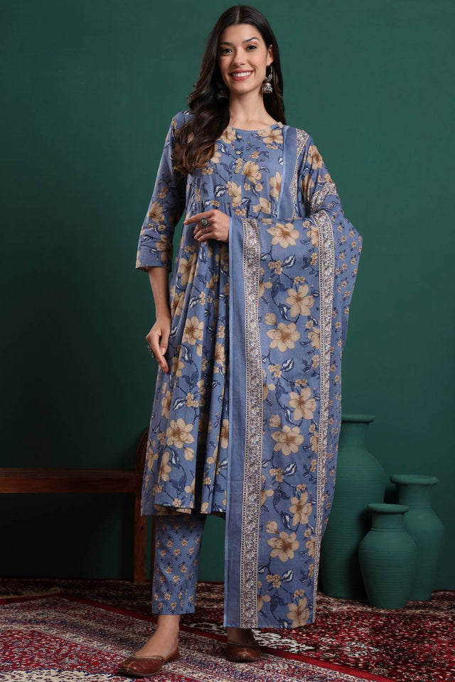 Blue Floral Printed Cotton Straight Cut Suit Set