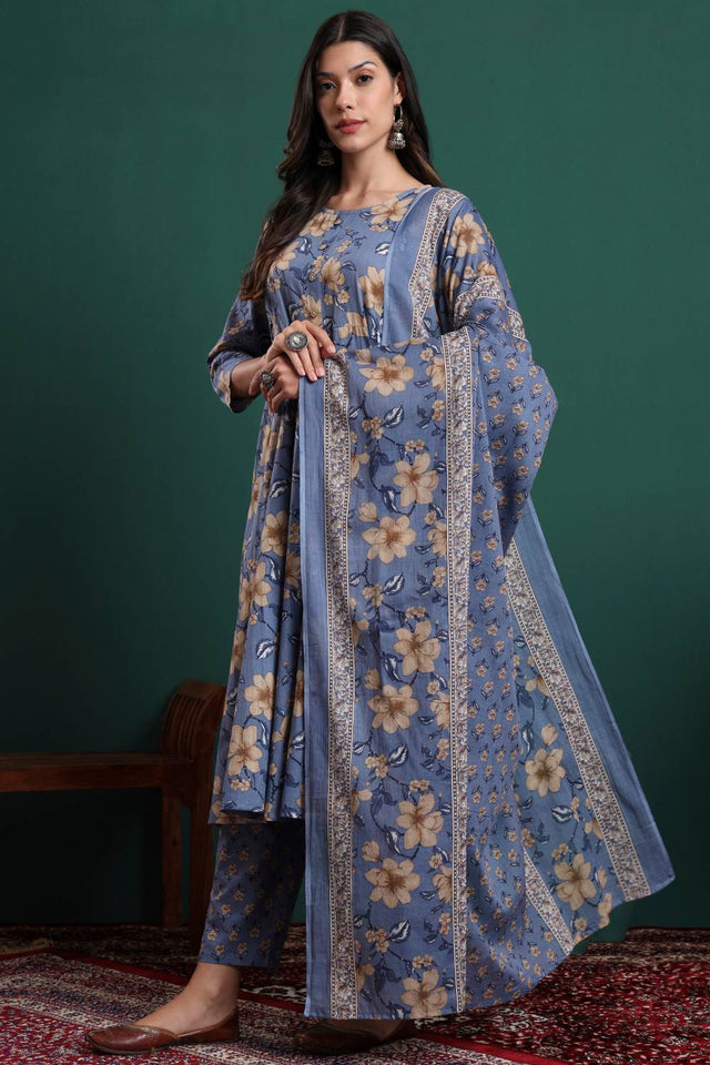 Blue Floral Printed Cotton Straight Cut Suit Set