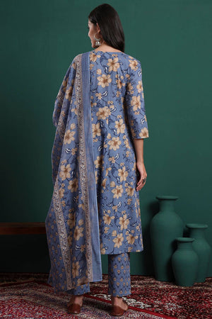 Blue Floral Printed Cotton Straight Cut Suit Set