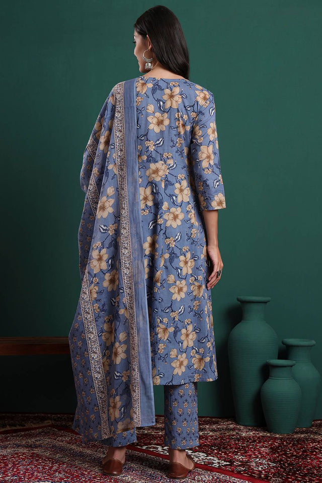 Blue Floral Printed Cotton Straight Cut Suit Set