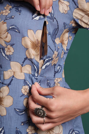 Blue Floral Printed Cotton Straight Cut Suit Set