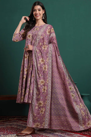 Lavender Floral Printed Cotton Straight Cut Suit Set