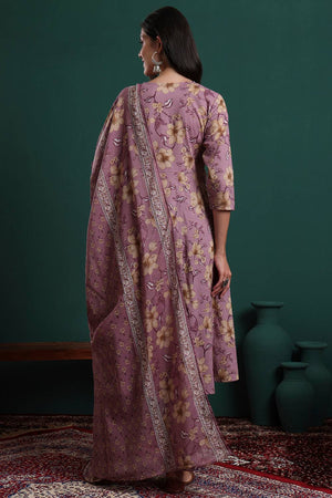 Lavender Floral Printed Cotton Straight Cut Suit Set