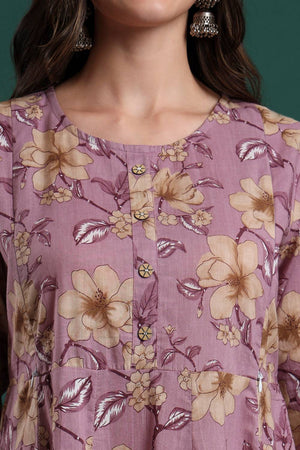 Lavender Floral Printed Cotton Straight Cut Suit Set