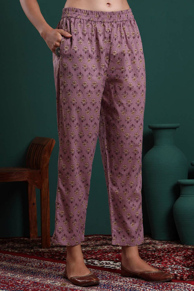Lavender Floral Printed Cotton Straight Cut Suit Set