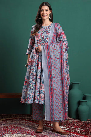 Grey Floral Printed Cotton Straight Cut Suit Set