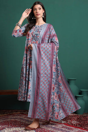 Grey Floral Printed Cotton Straight Cut Suit Set