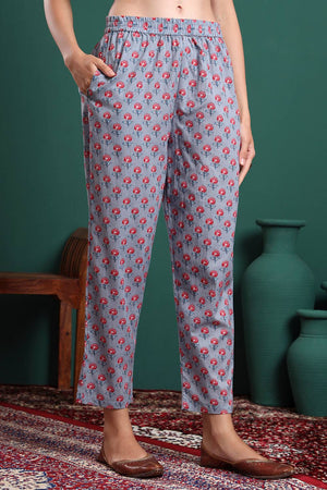 Grey Floral Printed Cotton Straight Cut Suit Set