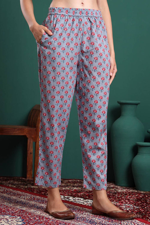 Grey Floral Printed Cotton Straight Cut Suit Set