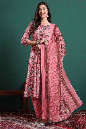 Pink Floral Printed Cotton Straight Cut Suit Set