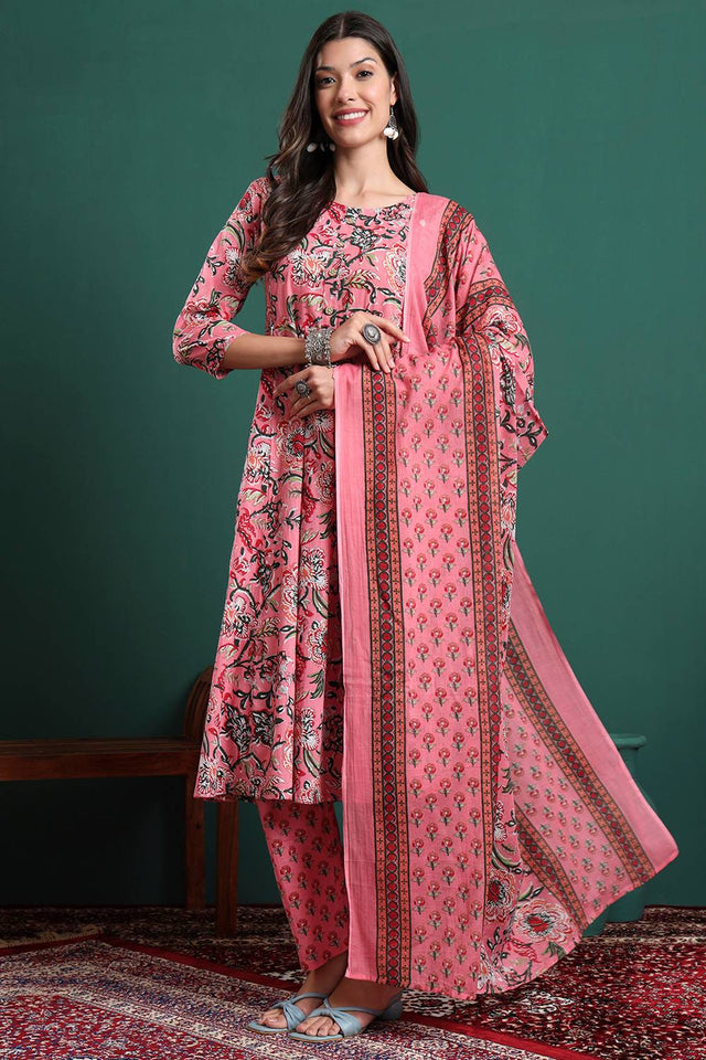 Pink Floral Printed Cotton Straight Cut Suit Set