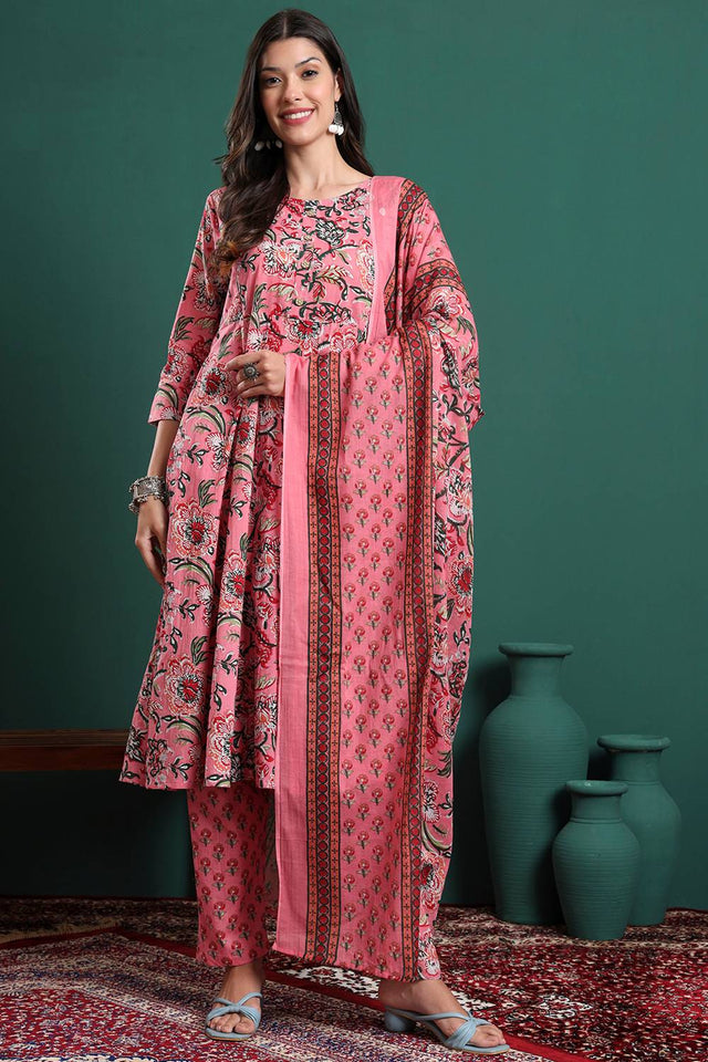 Pink Floral Printed Cotton Straight Cut Suit Set