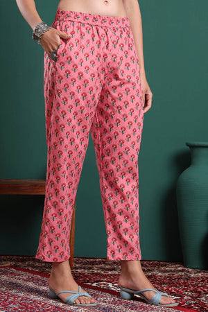 Pink Floral Printed Cotton Straight Cut Suit Set