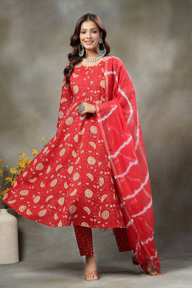 Red Floral Printed Cotton Anarkali Suit Set