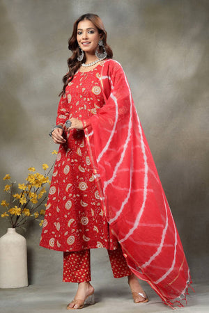 Red Floral Printed Cotton Anarkali Suit Set