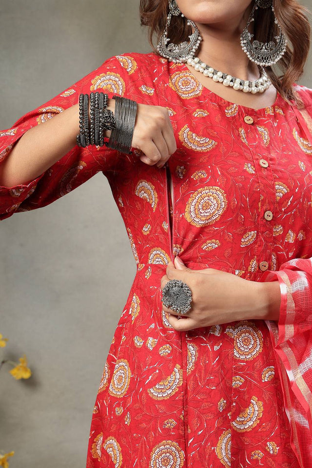 Red Floral Printed Cotton Anarkali Suit Set
