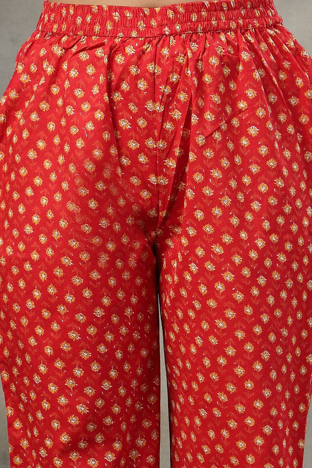 Red Floral Printed Cotton Anarkali Suit Set
