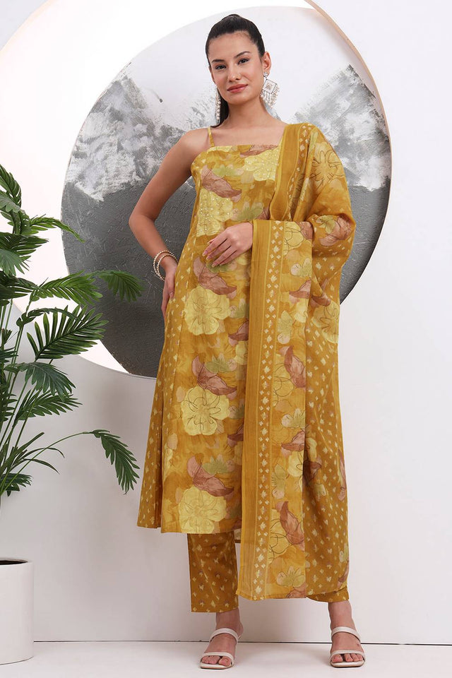 Mustard Floral Printed Cotton Straight Cut Suit Set