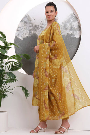 Mustard Floral Printed Cotton Straight Cut Suit Set