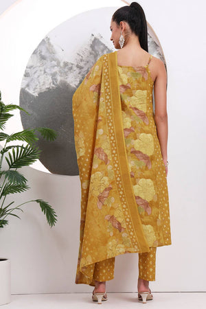 Mustard Floral Printed Cotton Straight Cut Suit Set