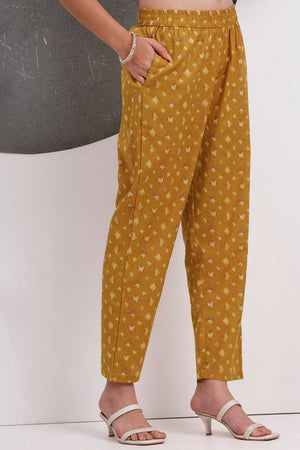 Mustard Floral Printed Cotton Straight Cut Suit Set