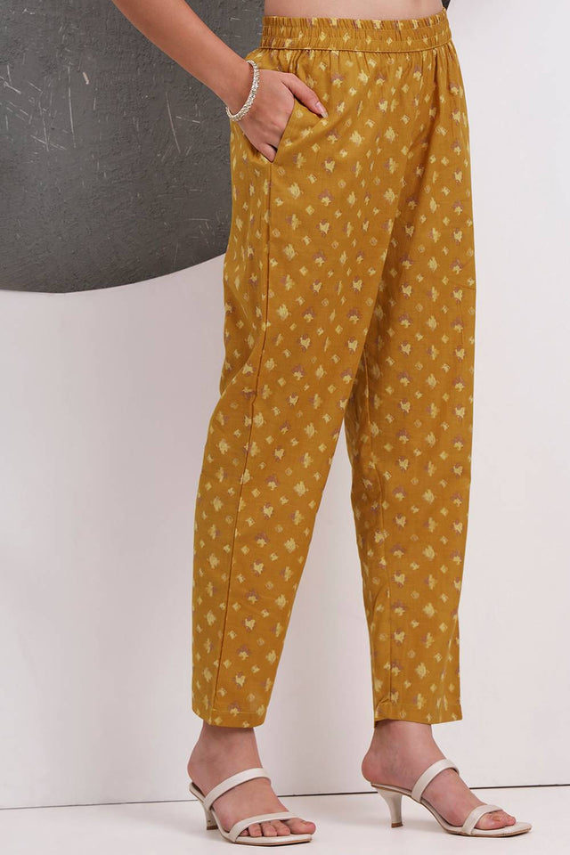 Mustard Floral Printed Cotton Straight Cut Suit Set
