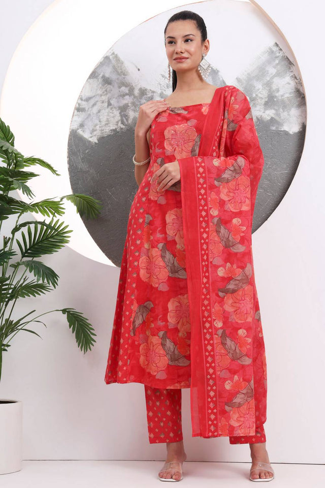 Red Floral Printed Cotton Straight Cut Suit Set