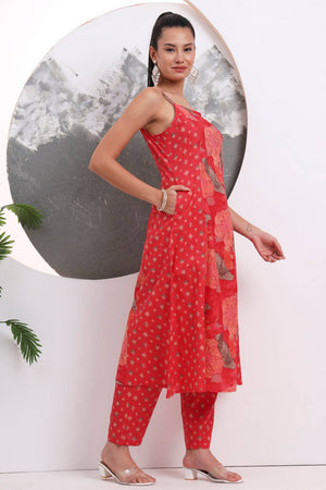 Red Floral Printed Cotton Straight Cut Suit Set
