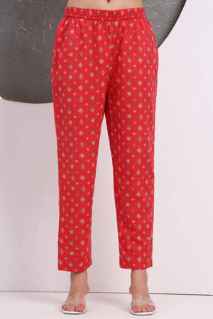 Red Floral Printed Cotton Straight Cut Suit Set