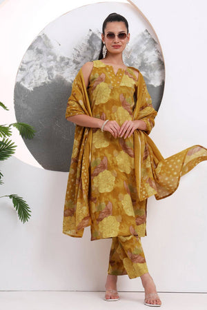 Mustard Floral Printed Cotton Straight Cut Suit Set