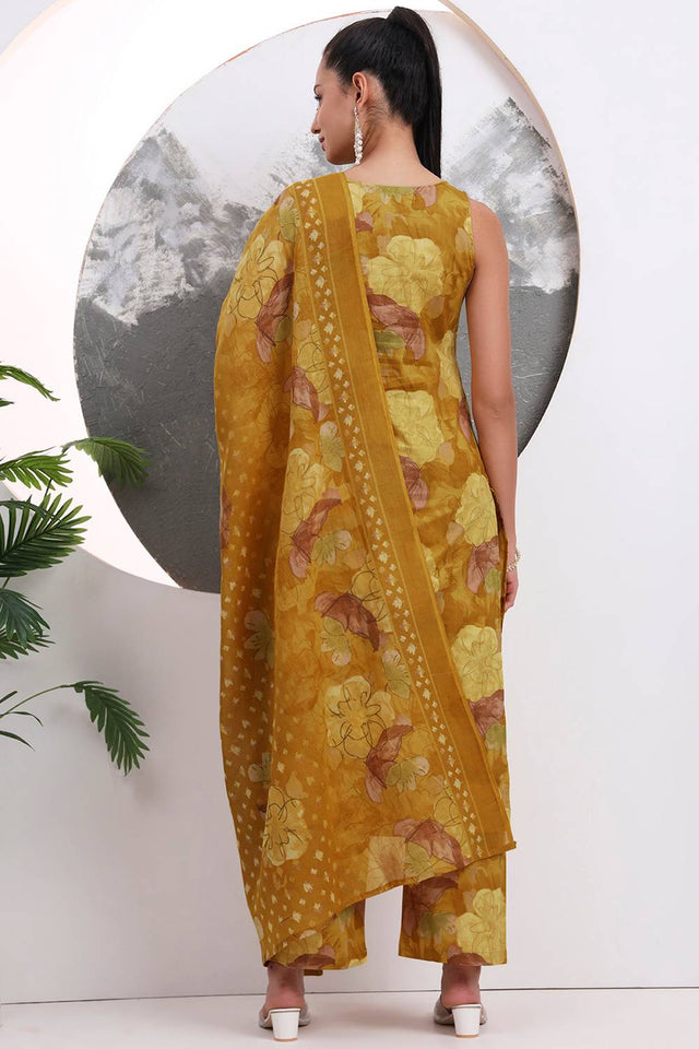 Mustard Floral Printed Cotton Straight Cut Suit Set